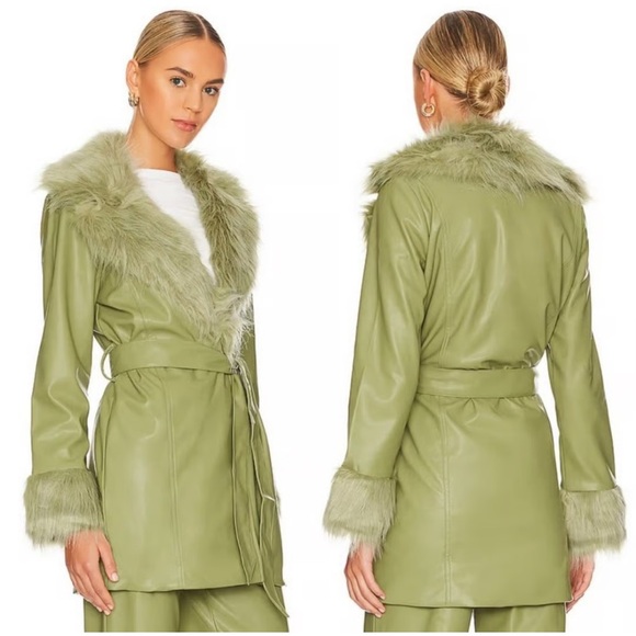 Show Me Your MuMu Jackets & Blazers - Show Me Your MuMu Green Faux Fur Trim Leather Jacket